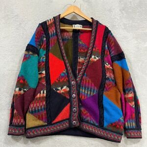Vintage‎ Chompas Cardigan Medium 100% Alpaca Geometric Patchwork Sweater Artsy